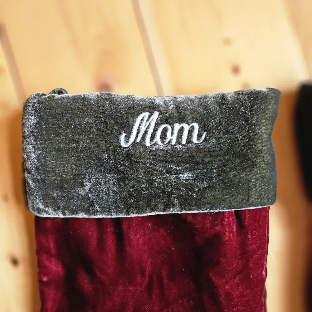 TWO Pottery Barn Christmas Stockings Maroon Green Velvet Mom Dad Embroidered 21